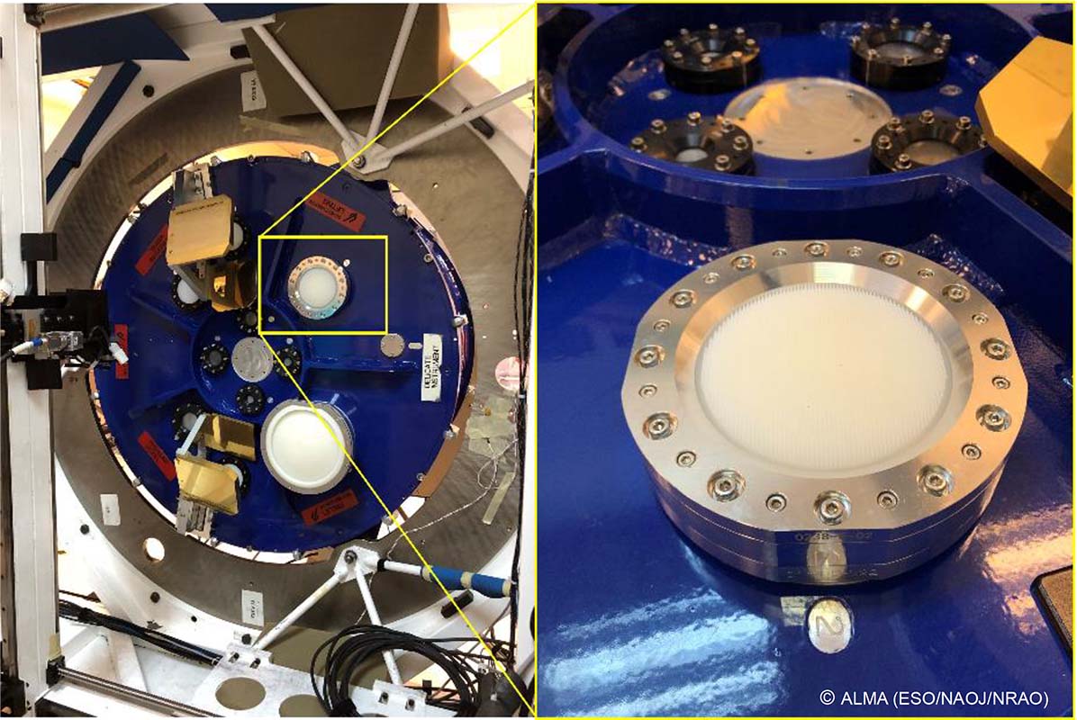 電波望遠鏡に搭載する受信機を収納した冷却容器（デュワー）（左）と採用されたニューライト®︎ 製レンズ（右）