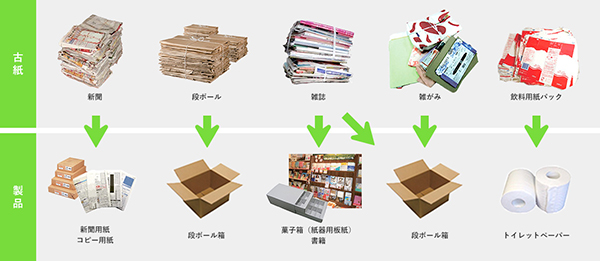 主な古紙の種類と紙製品の例