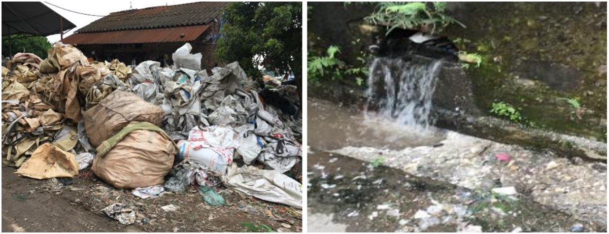 （左）野積みされたプラスチックごみ（右）リサイクル工場からの未処理排水
